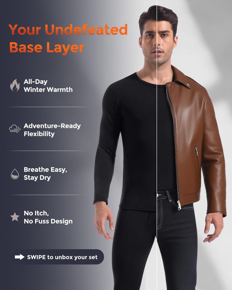 CL convallaria Long Johns Thermal Underwear for Men Soft Fleece Lined Base Layer Cold Weather Top Bottom Gift Set Midweight Crew Neck Black Medium - Image 2
